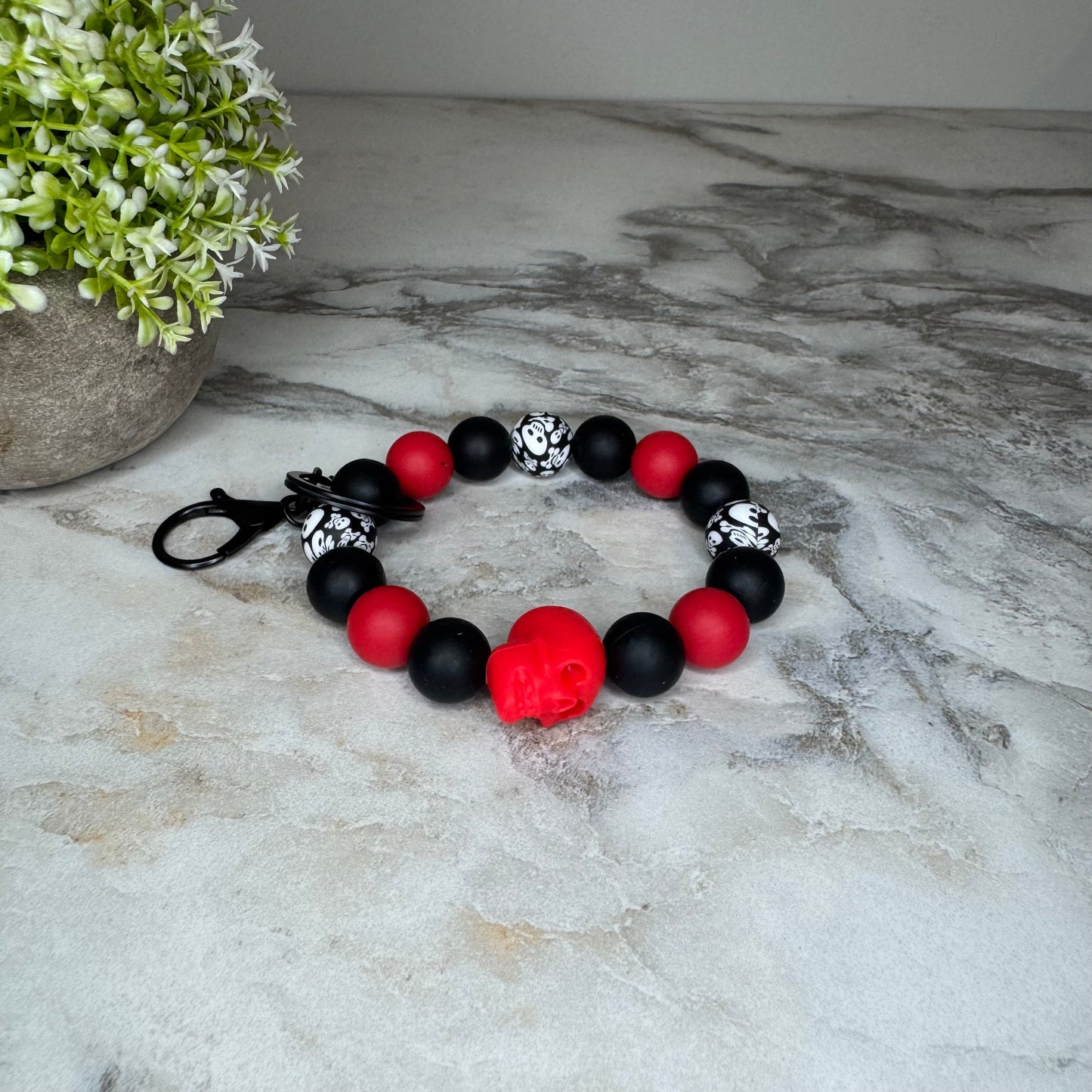 Silicone Bracelet Keychain - Halloween Skull - Red