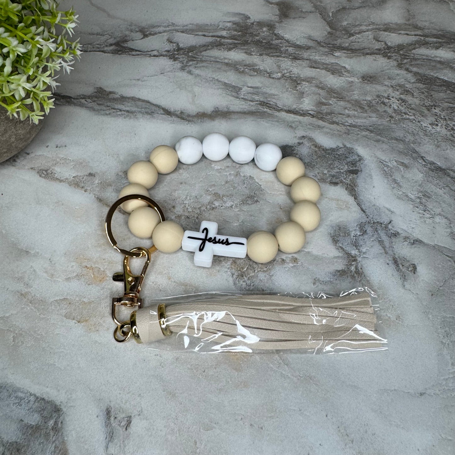 Silicone Bracelet Keychain - Religious, Jesus, White & Buttercream