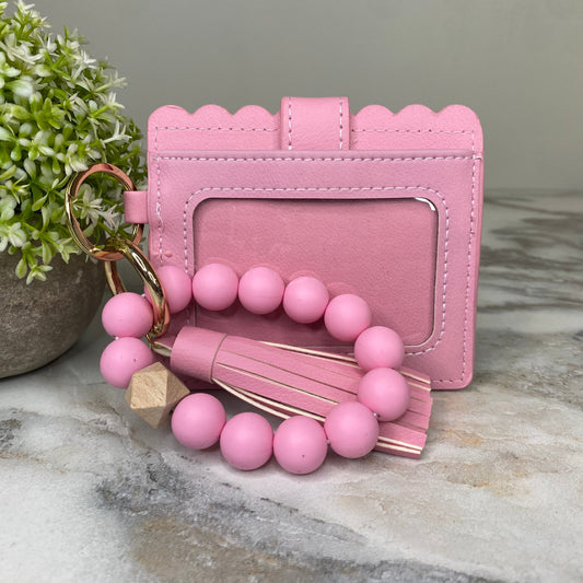 Silicone Bracelet Keychain with Scalloped Card Holder - Pink