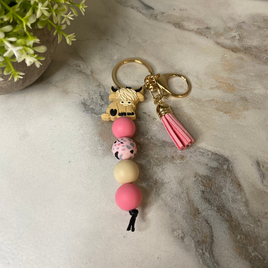 Keychain - Silicone Bead - Highland Cow - Pink