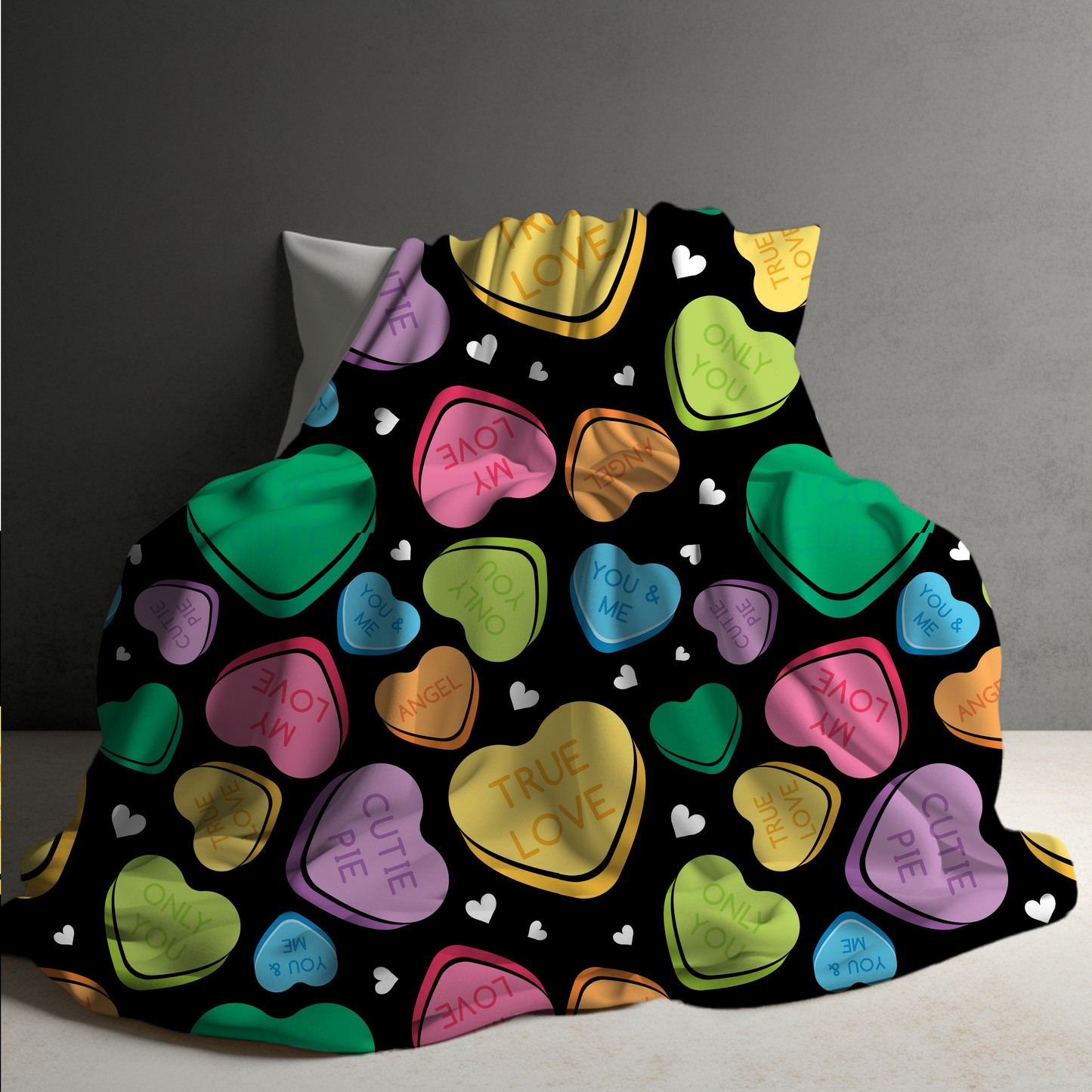 Blanket - Valentine’s Day - Conversation Hearts on Black - PREORDER