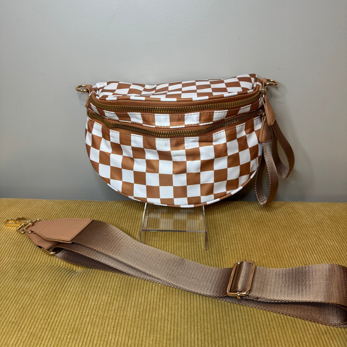The Roni Nylon Crossbody - Checkered Camel