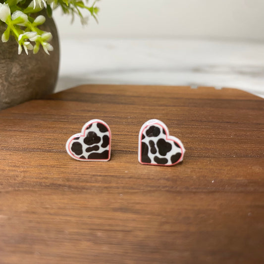 Acrylic Stud Earrings - Cow Print Heart