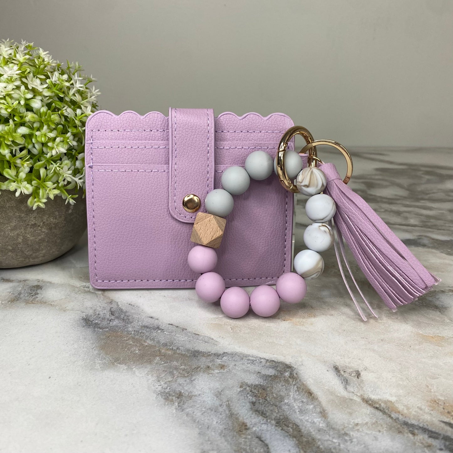 Silicone Bracelet Keychain with Scalloped Card Holder - Lavender Purple