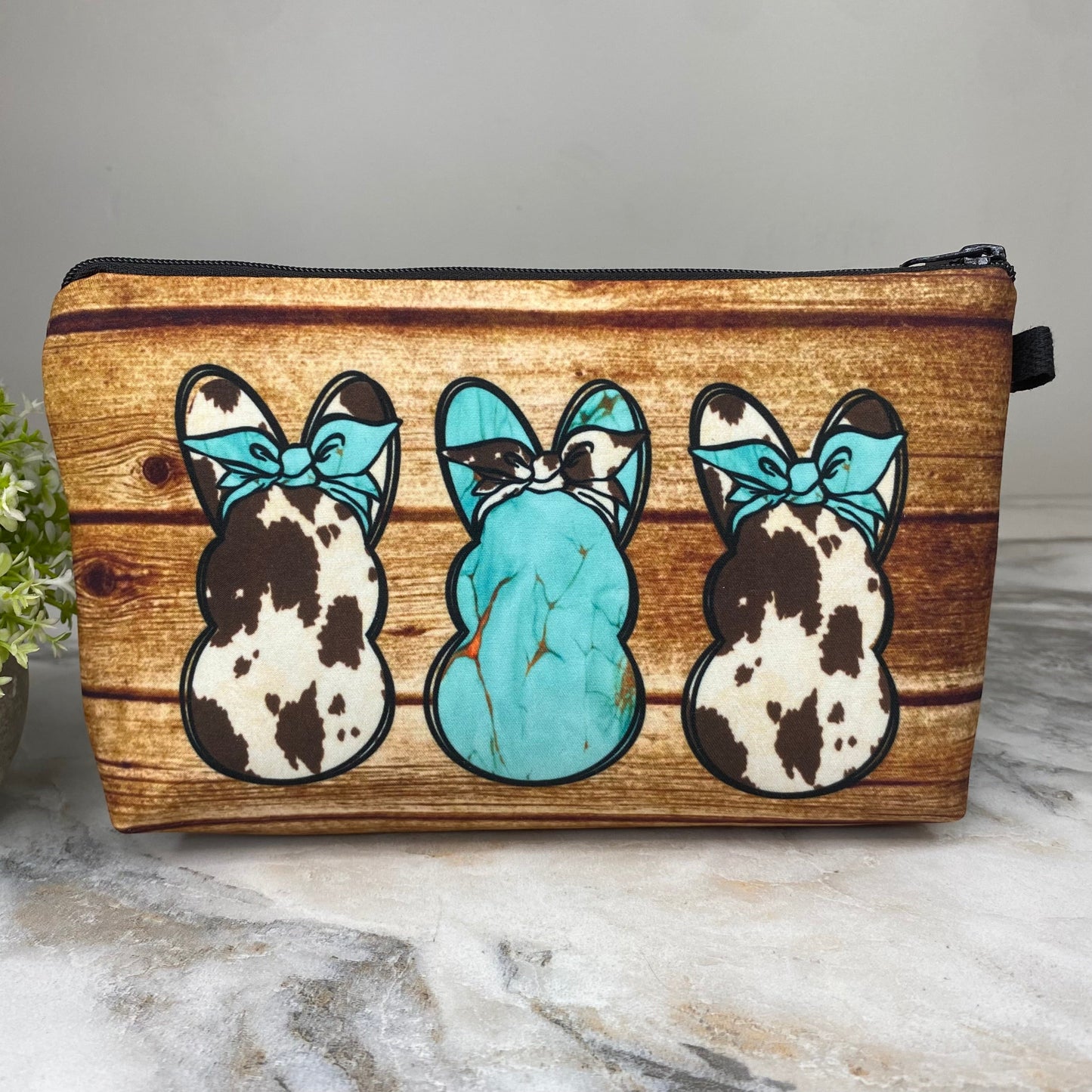 Pouch - Easter - Turquoise Wood Cow Bunnies