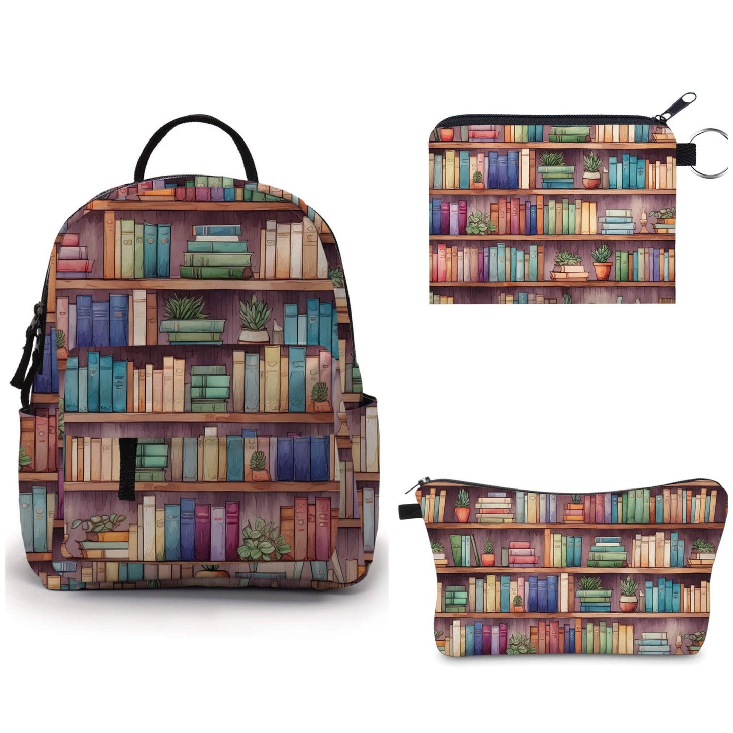 Mini Backpack, Pouch, & Mini Pouch Bundled Set - Book Shelves