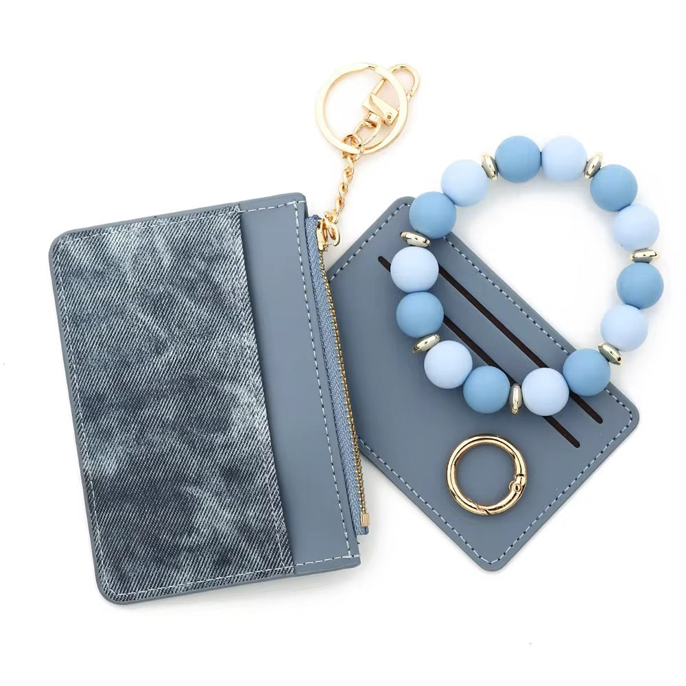 Denim Suede Bracelet Keychain & Card Holder Wallet