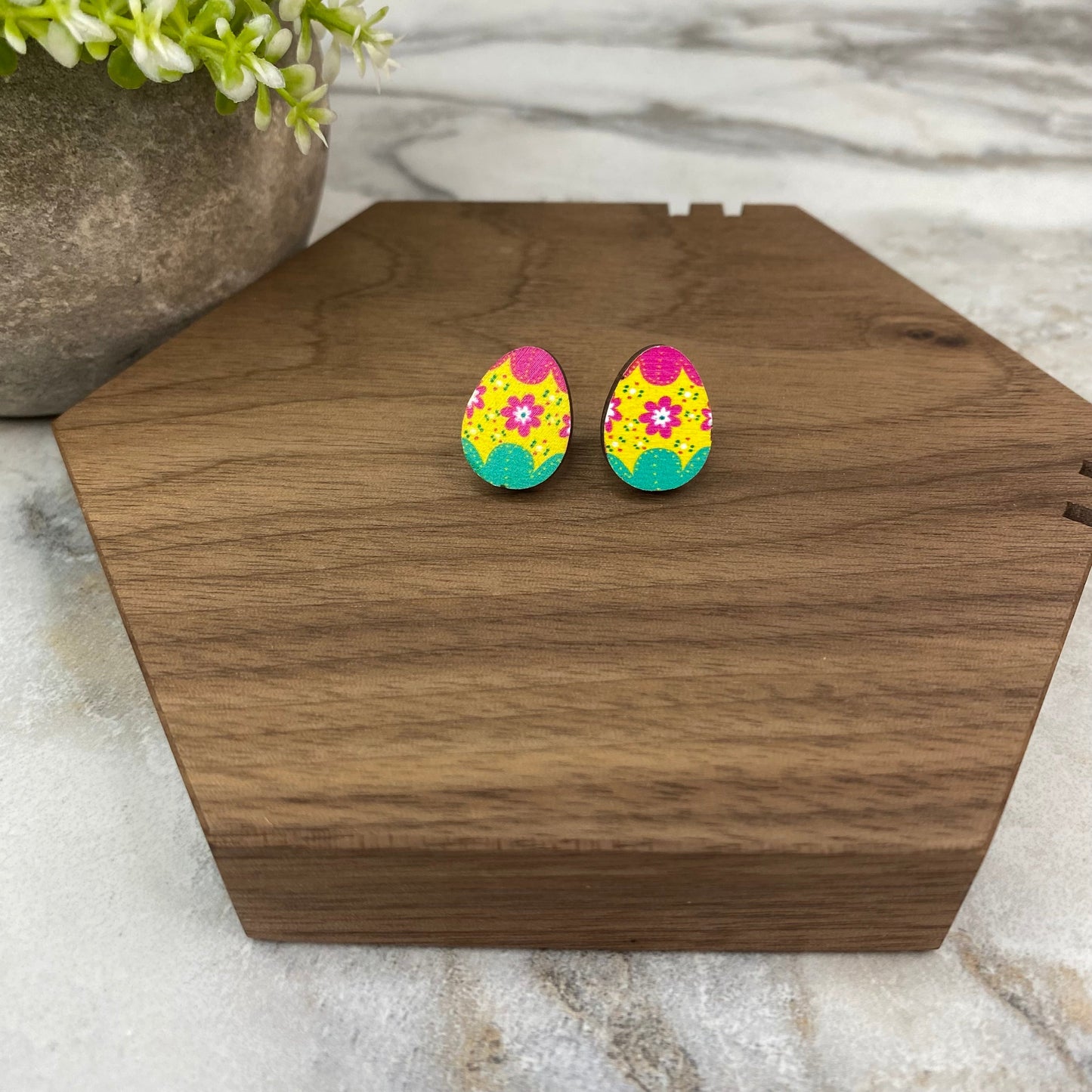 Wooden Stud Earrings - Easter Egg Design - #3