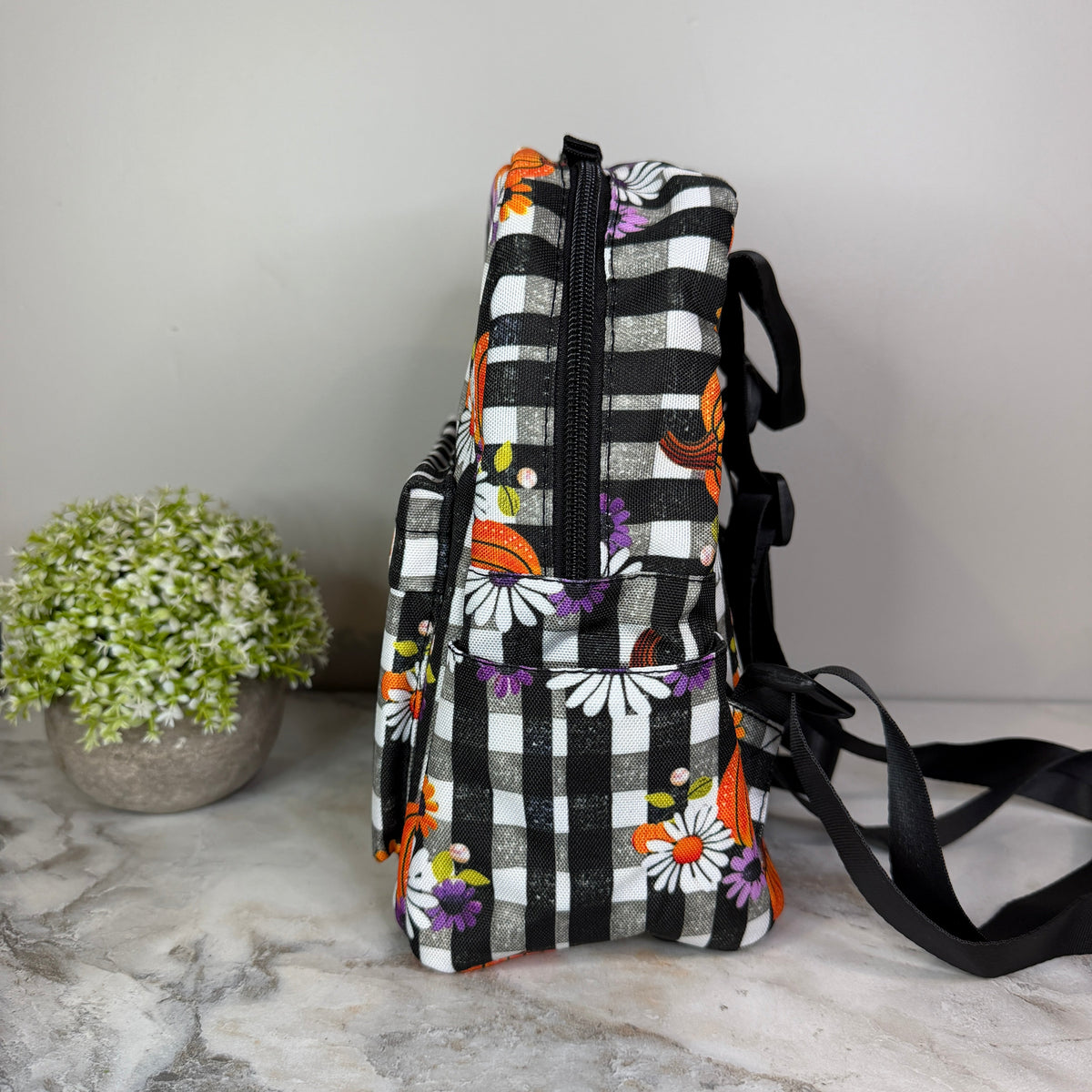 Mini Backpack - Halloween - Plaid Pumpkin Floral