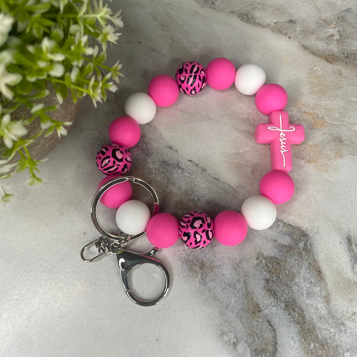 Silicone & Wood Bracelet Keychain - Religious, Jesus, Hot Pink