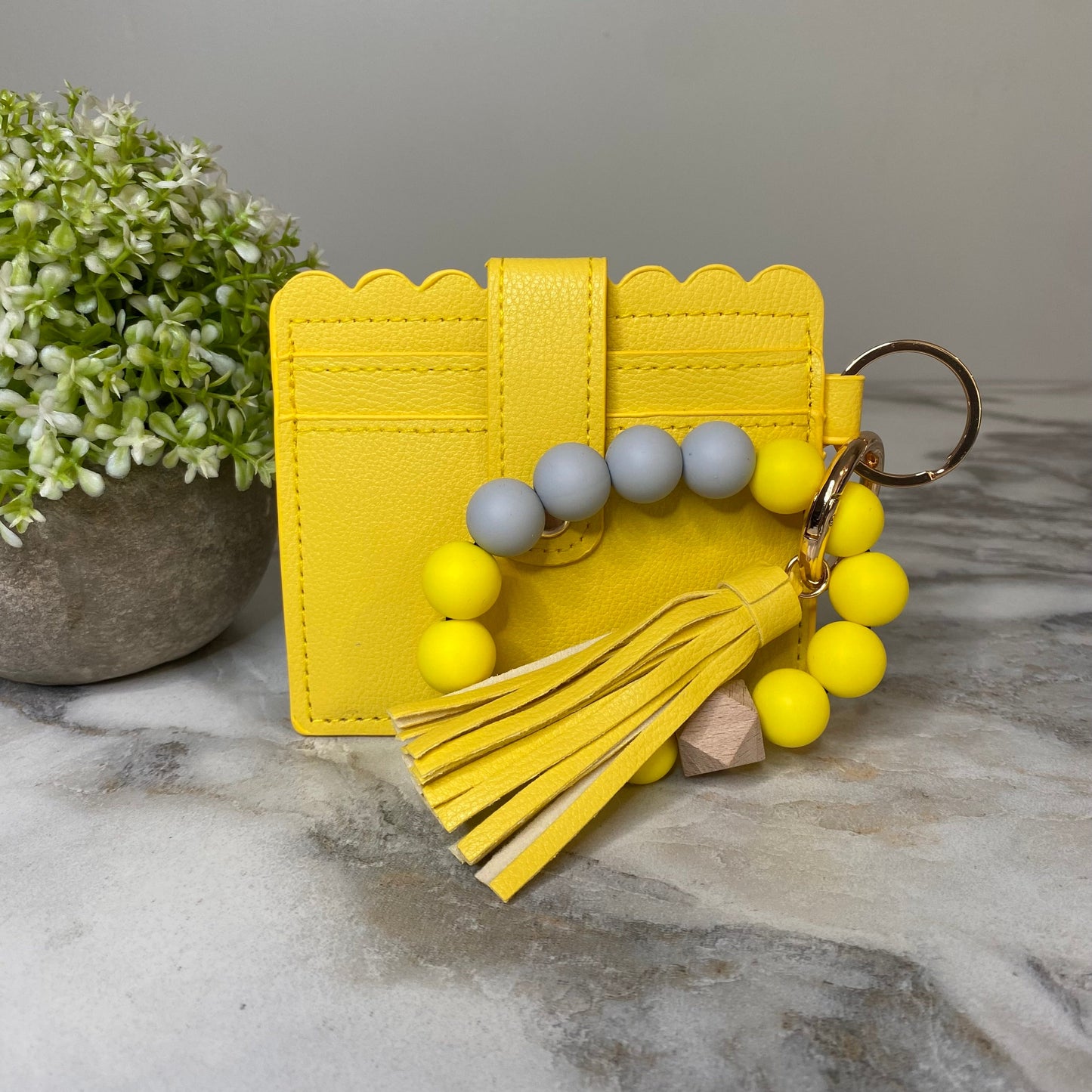 Silicone Bracelet Keychain with Scalloped Card Holder - Yellow Mustard
