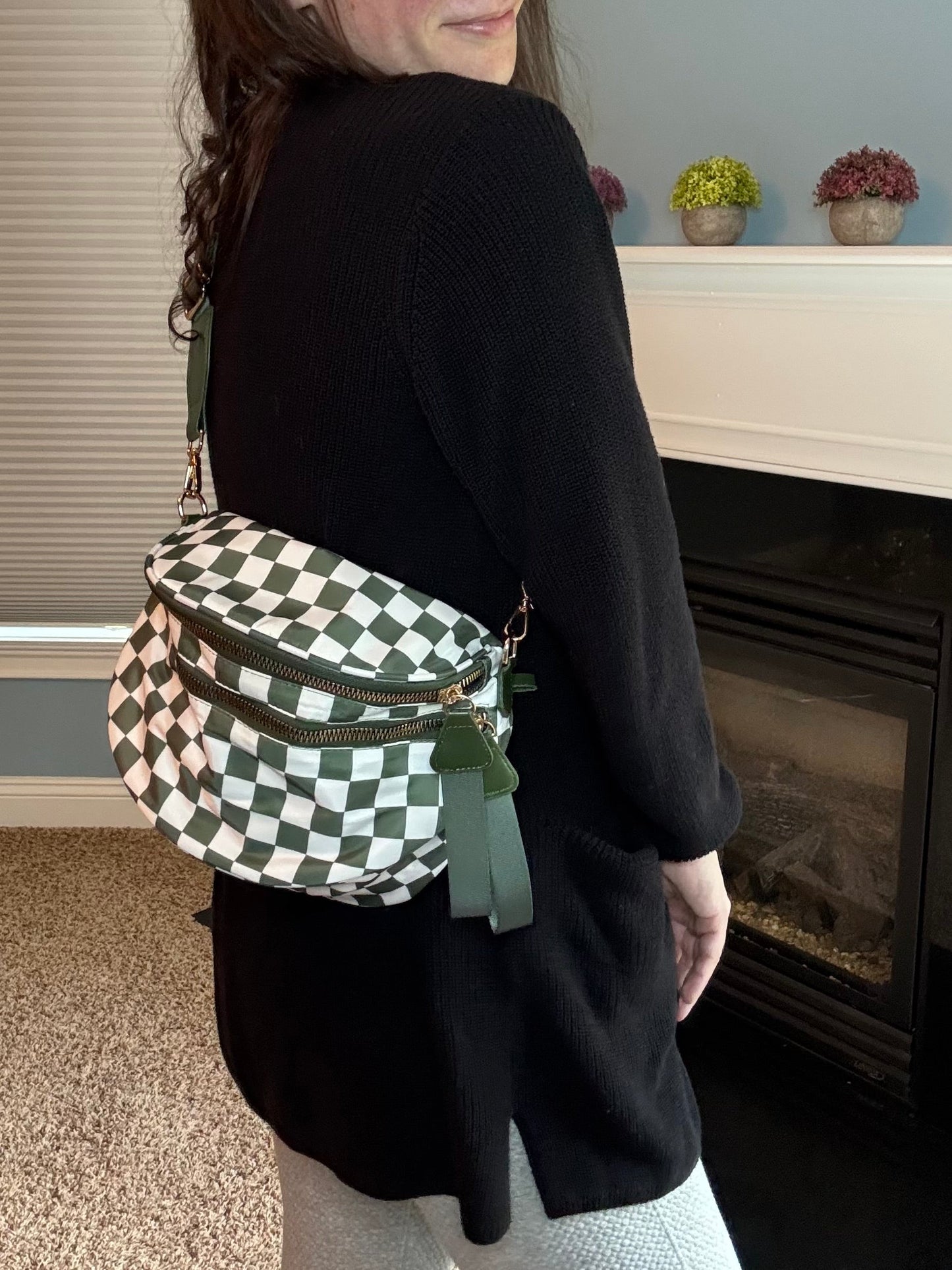 The Roni Nylon Crossbody - Checkered Dark Green