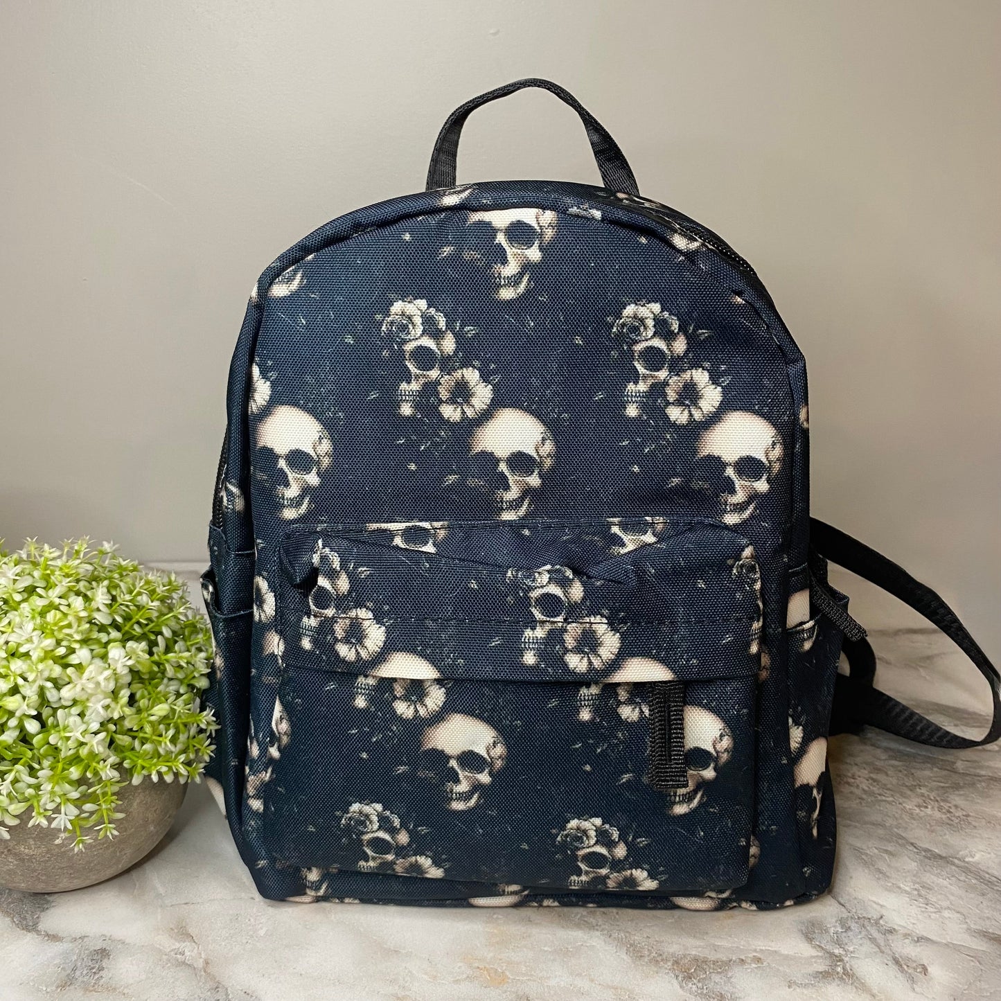 Mini Backpack - Halloween Fall - Black Floral Skull