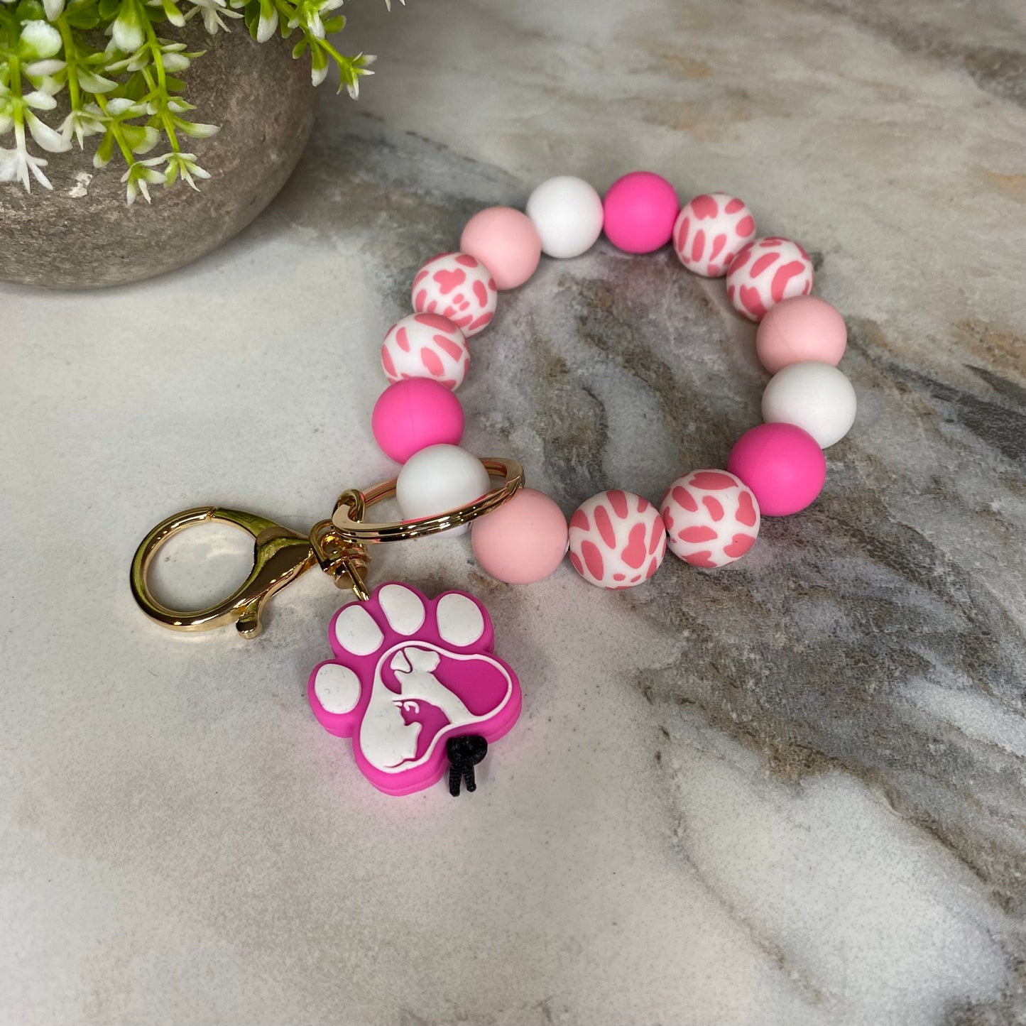 Silicone Bracelet Keychain - Pink & White Dog Paw