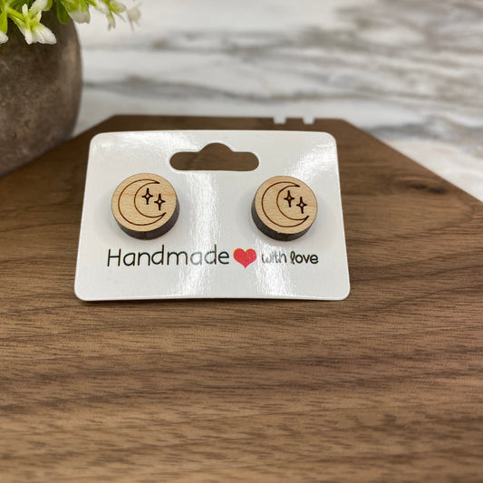 Wooden Stud Earrings - Moon & Stars