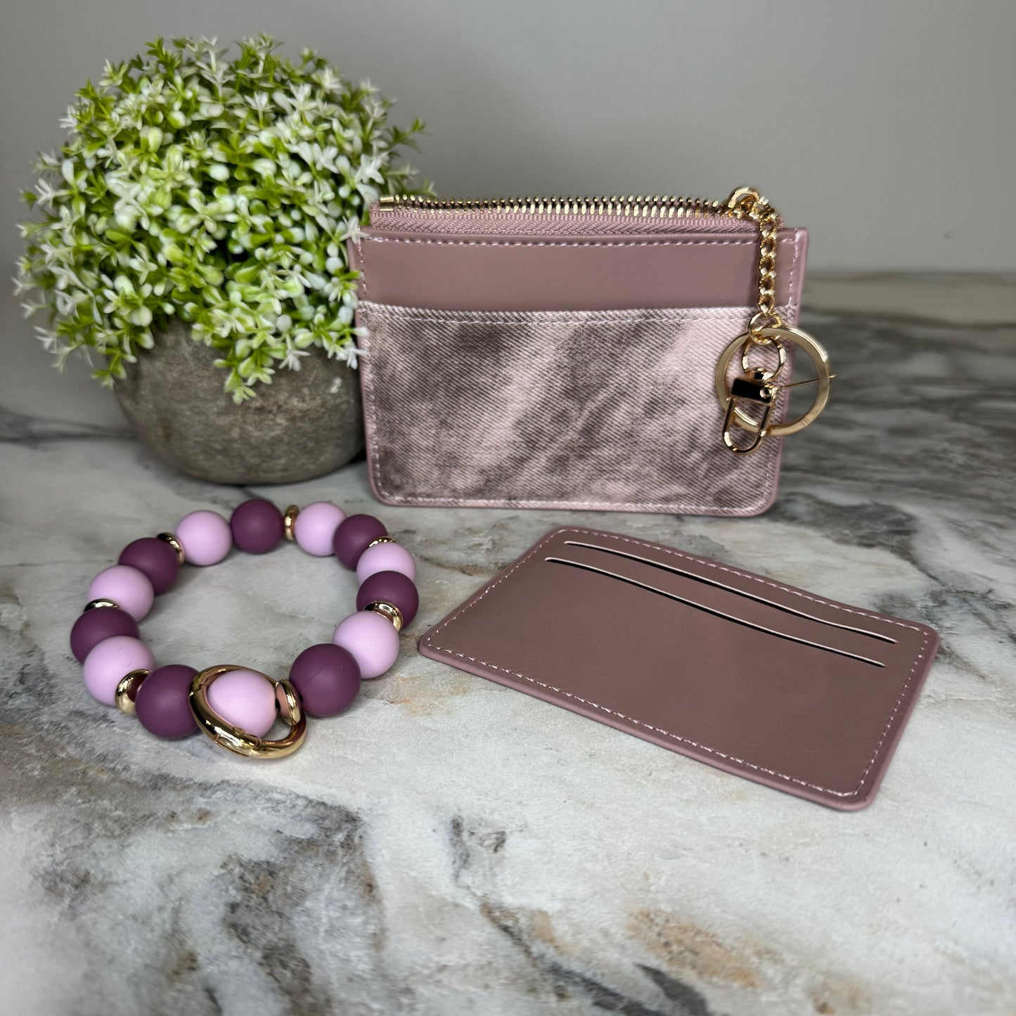 Denim Suede Bracelet Keychain & Card Holder Wallet