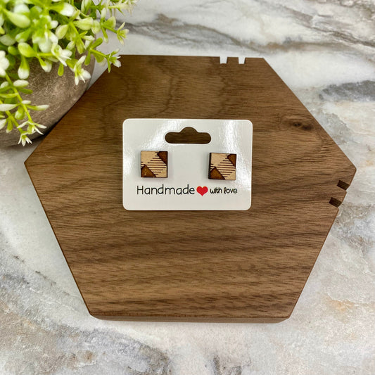 Wooden Stud Earrings - Checkered Square